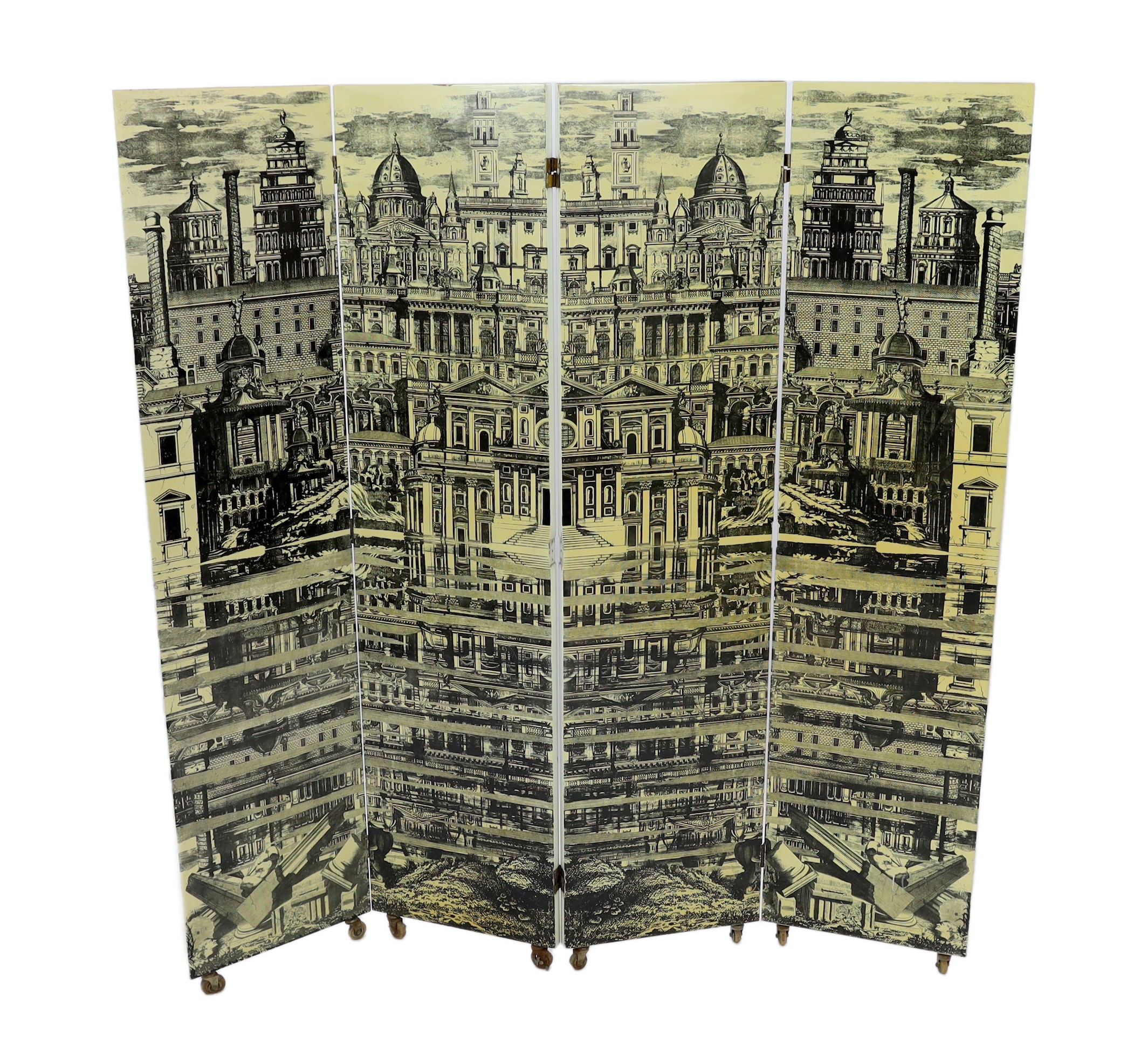 Piero Fornasetti (Italian, 1913-1988) - ‘’Citta Che Si Rispecchia’’ [City that reflects itself] four panel screen width of each section 50cm height without castors 200cm